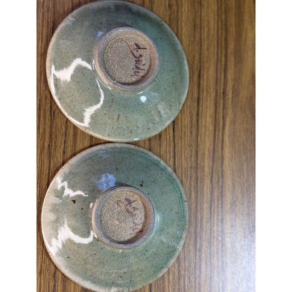 Handcrafted Diana Seidel Ceramic Saucer Set Of 2 Green Glaze Finish Unique Artis - Picture 3 of 3